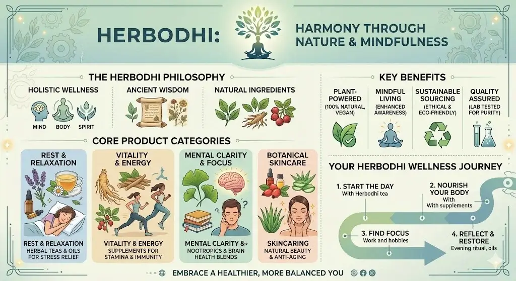 Infographic illustrating botanical extracts utilized by Her Bodhi